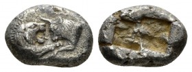 Lydia, Kroisos, circa 560-546 Sardes 1/3 Siglos circa 560-546, AR 14mm., 3.44g. Confronted foreparts of lion and bull. Rev. Two incuse square punches....