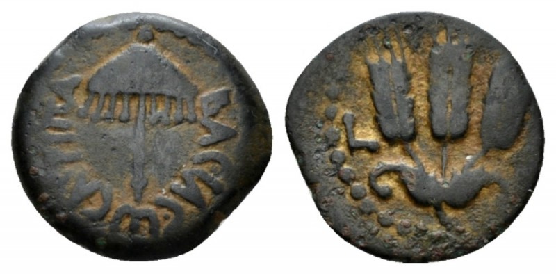 Judaea, Agrippa I, 37-43 Jerusalem Prutah 41-42, Æ 18mm., 2.71g. Umbrella-like c...
