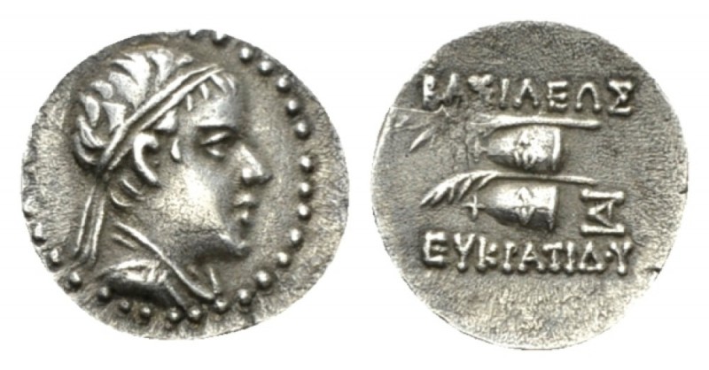 Bactria, Eukratides I, 170-155 Panjhir Obol 170-155, AR 12mm., 0.65g. Diademed a...