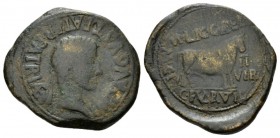 Hispania, Calagurris Octavian as Augustus, 27 BC – 14 AD As After 2 BC, Æ 31.5mm., 15.61g. Laureate head r. Rev. Bull standing right. RPC 444. SNG Cop...