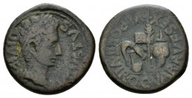 Hispania, Carthago Nova Octavian as Augustus, 27 BC – 14 AD Bronze after 27 BC, Æ 23.5mm., 7.46g. Laureate head r. Rev. Simpulum aspergiullum, securis...