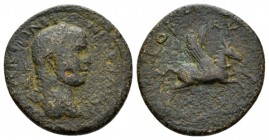 Corcyra, Corcyra Caracalla, 198-217 Bronze 198-217, Æ 26mm., 8.70g. Laureate head r. Rev. ΚΟΡΚ−Υ−ΡΑΩN Pegasus springing r. SNG Cop267.

About Very F...