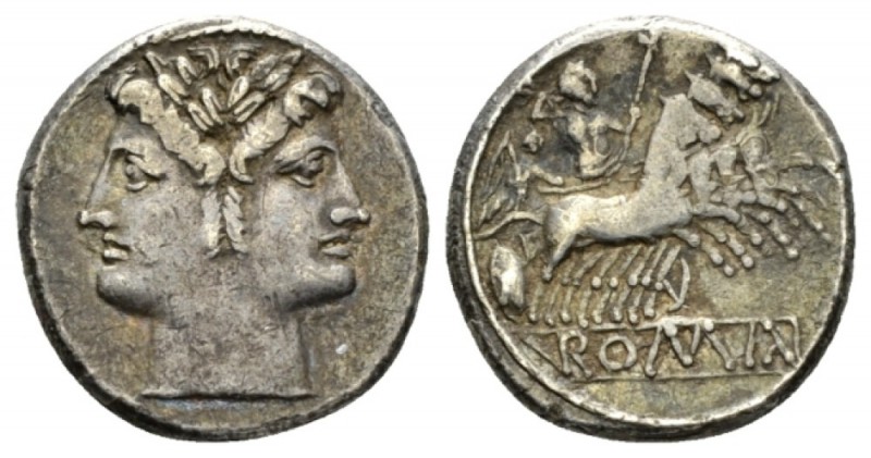 Quadrigatus circa 225-214, AR 19.5mm., 5.96g. Laureate Janiform head of Dioscuri...