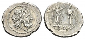 Victoriatus After 218, AR 20mm., 3.29g. Laureate head of Jupiter r. Rev. Victory r., crowning trophy; in exergue, ROMA. Sydenham 83. Crawford 44/1.
...