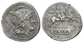Denarius circa 214-213, AR 20.5mm., 4.44g. Helmeted head of Roma r.; behind, X. Rev. The Dioscuri galloping r.; in exergue, ROMA in raised letters wit...