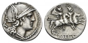Denarius circa 214-213, AR 19mm., 3.01g. Helmeted head of Roma r.; behind, X. Rev. The Dioscuri galloping r.; in exergue, ROMA in raised letters withi...