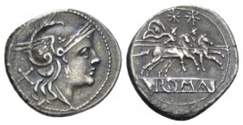 Denarius circa 214-213, AR 20.5mm., 4.19g. Helmeted head of Roma r.; behind, X. Rev. The Dioscuri galloping r.; in exergue, ROMA in raised letters wit...