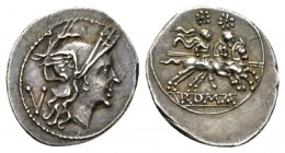 Quinarius circa 214-213, AR 16.5mm., 2.32g. Helmeted head of Roma r.; behind, V. Rev. The Dioscuri galloping r.; in exergue, ROMA in linear frame. Syd...