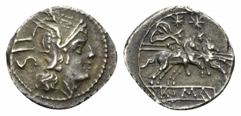 Sestertius circa 214-213, AR 14mm., 1.15g. Helmeted head of Roma r.; behind, IIS...