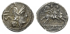 Sestertius circa 214-213, AR 14mm., 1.15g. Helmeted head of Roma r.; behind, IIS. Rev. The Dioscuri galloping r.; below, ROMA in relief on plain table...