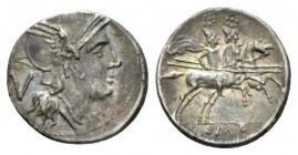 Quinarius uncertain mint after 211, AR 15mm., 2.08g. Helmeted head of Roma r.; behind, V. Rev. Dioscuri galloping r.; in exergue, ROMA. Sydenham 141. ...