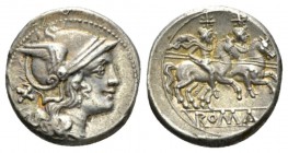 Denarius after 211, AR 18.5mm., 4.59g. Helmeted head of Roma r.; behind, X. Rev. The Dioscuri galloping r.; below, ROMA in partial frame. Sydenham 229...