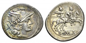 Denarius after 211, AR 21.5mm., 4.07g. Helmeted head of Roma r.; behind, X. Rev. The Dioscuri galloping r.; below, ROMA in partial frame. Sydenham 229...