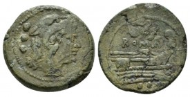 Quadrans "heavy series" Central Italy circa 211-208, Æ 24.5mm., 9.78g. Head of Hercules r., wearing lion's skin; behind, three pellets. Rev. ROMA Prow...