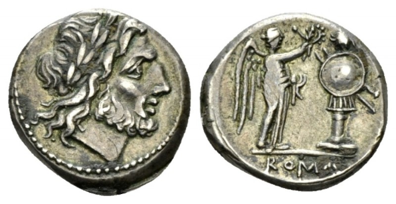 Victoriatus Sicily circa 211-208,, AR 17mm., 3.21g. Laureate head of Jupiter r. ...