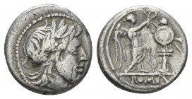 Victoriatus Sicily circa 214-212, AR 16mm., 3.04g. Laureate head of Jupiter r. Rev. Victory standing r., crowning trophy; in field, corn ear and in ex...
