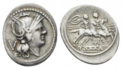 Quinarius South East Italy circa 211-210,, AR 15mm., 2.03g. Helmeted head of Roma r.; behind, V. Rev. The Dioscuri galloping r.; below, H and in linea...