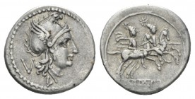 Quinarius Luceria 214-212., AR 16.5mm., 2.19g. Head of Roma r., wearing Phrygian helmet; behind, V and below, L. Rev. The Dioscuri galloping r.; below...