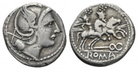 Denarius Central Italy (?) circa 211-208, AR 19mm., 4.23g. Helmeted head of Roma r.; behind, X. Rev. The Dioscuri galloping r.; below, caduceus and in...