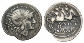 Denarius Central Italy (?) circa 211-208, AR 21.5mm., 3.60g. Helmeted head of Roma r.; behind, X. Rev. The Dioscuri galloping r.; above, wreath and be...