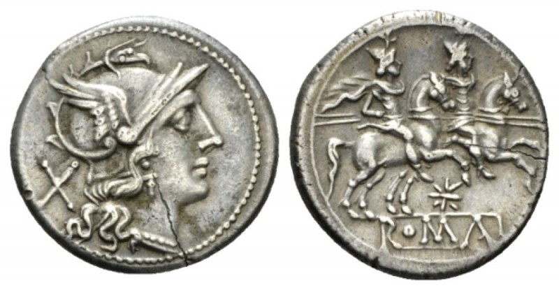 Denarius circa 206-195, AR 20mm., 4.11g. Helmeted head of Roma r.; behind, X. Re...