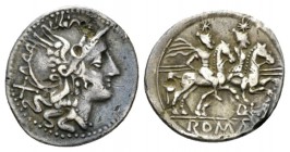 Q. Lutatius Catulus or Cerco. Denarius uncertain mint circa 206-200, AR 19.5mm., 3.49g. Helmeted head of Roma r.; behind, X. Rev. The Dioscuri gallopi...