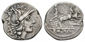 Feather series Denarius circa 179-170, AR 19mm., 3.53g. Helmeted head of Roma r.; behind, X. Rev. Luna in prancing biga r.; below, feather and ROMA in...