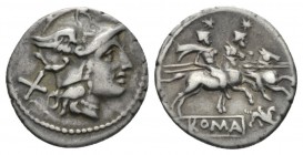 Denarius circa 169-158, AR 18mm., 3.44g. Helmeted of Roma r.; behind, X. Rev. The Dioscuri galloping r.; below, gryphon and ROMA in partial tablet. Sy...