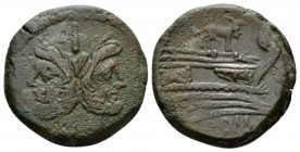 As circa 169-158, Æ 29.52mm., 17.73g. Laureate head of Janus; above, mark of value. Rev. Prow r.; above, ass, and before, mark of value. Below, ROMA. ...