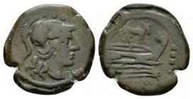 Triens circa 169-158, Æ 22mm., 7.16g. Triens circa 169-158, Æ 7.16 g. Helmeted head of Minerva r.; above, four pellets. Rev. Prow r.; above, ass and b...
