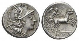 Denarius circa 157-156, AR 18mm., 4.02g. Helmeted head of Roma r.; behind X. Rev. Victory in prancing biga r.; in exergue, ROMA. Sydenham 376. RBW 846...