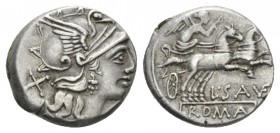 L. Saufeius. Denarius 152, AR 18mm., 4.18g. Helmeted head of Roma r.; behind, X. Rev. Victory in prancing r.; below, L·SAVF and in exergue, ROMA. Babe...