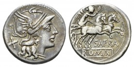 Denarius circa 150, AR 18.5mm., 3.94g. Helmeted head of Roma r.; behind, X. Rev. Victory in prancing biga r.; below, SAFRA and ROMA in partial tablet....