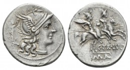 C. Terentius Lucanus. Denarius circa 147, AR 19.5mm., 4.02g. Helmeted head of Roma r., wreathed by Victory standing r. behind her. In lower l. field, ...
