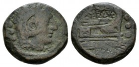 C. Terentius Lucanus. Quadrans 147, Æ 19.5mm., 6.14g. Head of Hercules r., wearing lion's skin; behind, three pellets. Rev. C·TER·LVC Prow r.; above, ...