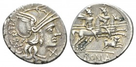 C. Antesti Denarius circa 146, AR 19.5mm., 3.71g. Helmeted head of Roma r.; behind, C·ANTESTI upwards and below chin, X. Rev. The Dioscuri galloping r...