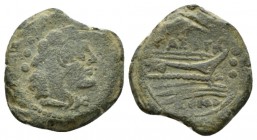 C. Antesti. Quadrans circa 146., Æ 23.5mm., 7.50g. Head of Hercules r., wearing lion's skin; behind, three pellets. Rev. Puppy / C·ANTESTI Prow r.; ab...