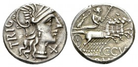C. Curatius. Denarius circa 142, Æ 18mm., 3.92g. Helmeted head of Roma r.; behind, TRIGE and below chin, X. Rev. Juno, crowned by Victory, in prancing...