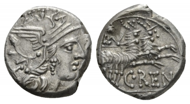 C. Renius. Denarius circa 138, AR 16mm., 3.79g. Helmeted head of Roma r.; behind...