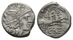 C. Renius. Denarius circa 138, AR 16mm., 3.79g. Helmeted head of Roma r.; behind, X. Rev. Juno in biga of goats r., holding sceptre and reins in r. ha...