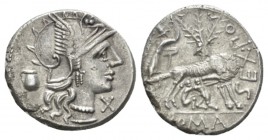 Sex. Pompeius. Denarius circa 137, AR 20.5mm., 3.89g. Helmeted head of Roma r.; below chin, X. In l. field, jug. Rev. SEX.PO FOSTLVS She-wolf suckling...