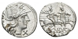 Cn. Lucretius Trio. Denarius circa 136, AR 18mm., 3.90g. Helmeted head of Roma r.; below chin, X and behind, TRIO. Rev. The Dioscuri galloping r., bel...