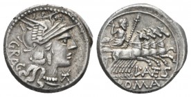 L. Antestius Gragulus. Denarius circa 136, Æ 20mm., 4.00g. Helmeted head of Roma r.; below chin, * and behind, GRAG. Rev. Jupiter in fast quadriga r.,...