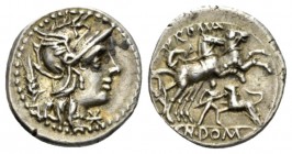Cn. Domitius Calvinus. Denarius circa 128, AR 18mm., 3.89g. Helmeted head of Roma r.; below chin, * and behind, stalk of corn. Rev. Victory in prancin...