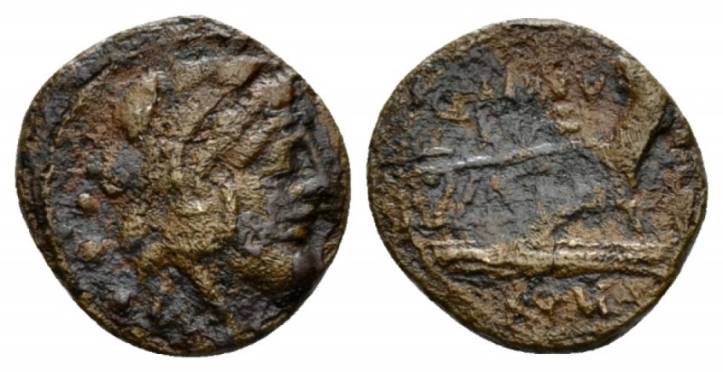 Cn. Domitius Calvinus Quadrans circa 128, Æ 18mm., 3.35g. Head of Hercules r., w...