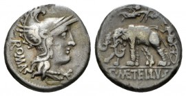 C. Caecilius Metellus Caprarius. Denarius circa 125, AR 18.5mm., 3.78g. Head of Roma r., wearing Phrygian helmet; below chin, * and behind, ROMA. Rev....