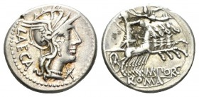 M. Porcius Laeca Denarius circa 125, AR 19mm., 3.92g. Helmeted head of Roma r.; behind, LAECA and before, *. Rev. Libertas, crowned by Victory, in pra...