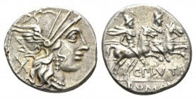 C. Plautius. Denarius circa 121, AR 17.5mm., 3.87g. Helmeted head of Roma r.; behind, X. Rev. The Dioscuri galloping r.; below, C·PLVTI and ROMA in pa...