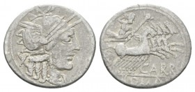Cn. Papirius Carbo Denarius 121, AR 20.5mm., 3.74g. Helmeted head of Roma r.; behind, X. Rev. Jupiter in prancing quadriga r., holding sceptre and hur...