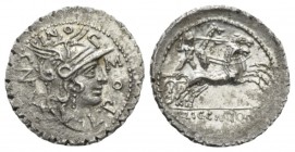 L. Pomponius Cn. f. Molo, Licinius Crassus and Cn. Domitius Ahenobarbus. Denarius serratus Narbo 118, AR 21.5mm., 3.82g. L·POM – P – ONI – C NF Helmet...